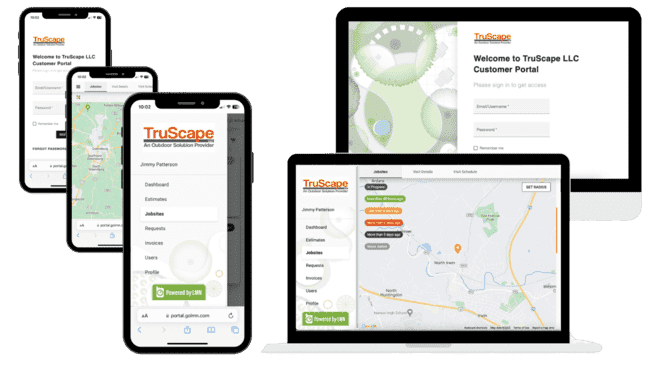 A visual showcasing TruScape LLC's customer portal on various devices, including smartphones, tablets, and laptops. The interface is user-friendly and modern, displaying maps, job sites, service scheduling, and a straightforward login screen, emphasizing convenience and accessibility for customers managing landscaping services.